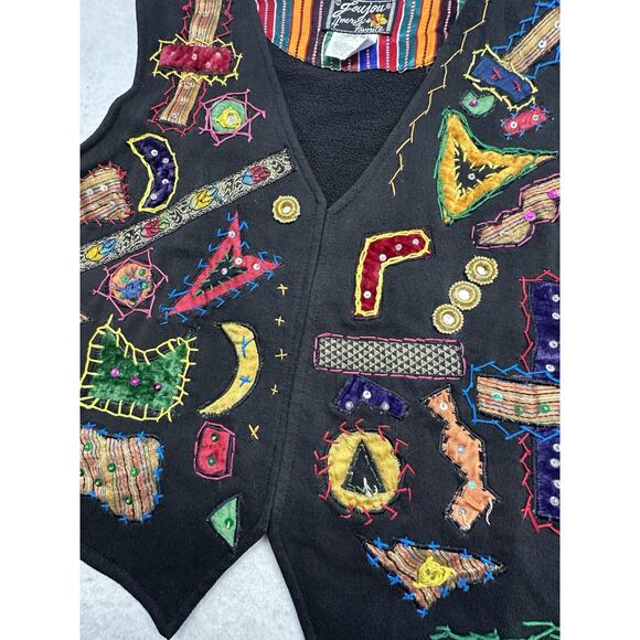 Jou Jou Vintage Womens Vest Patchwork Embroidered Folklore Black - Picture 6 of 7
